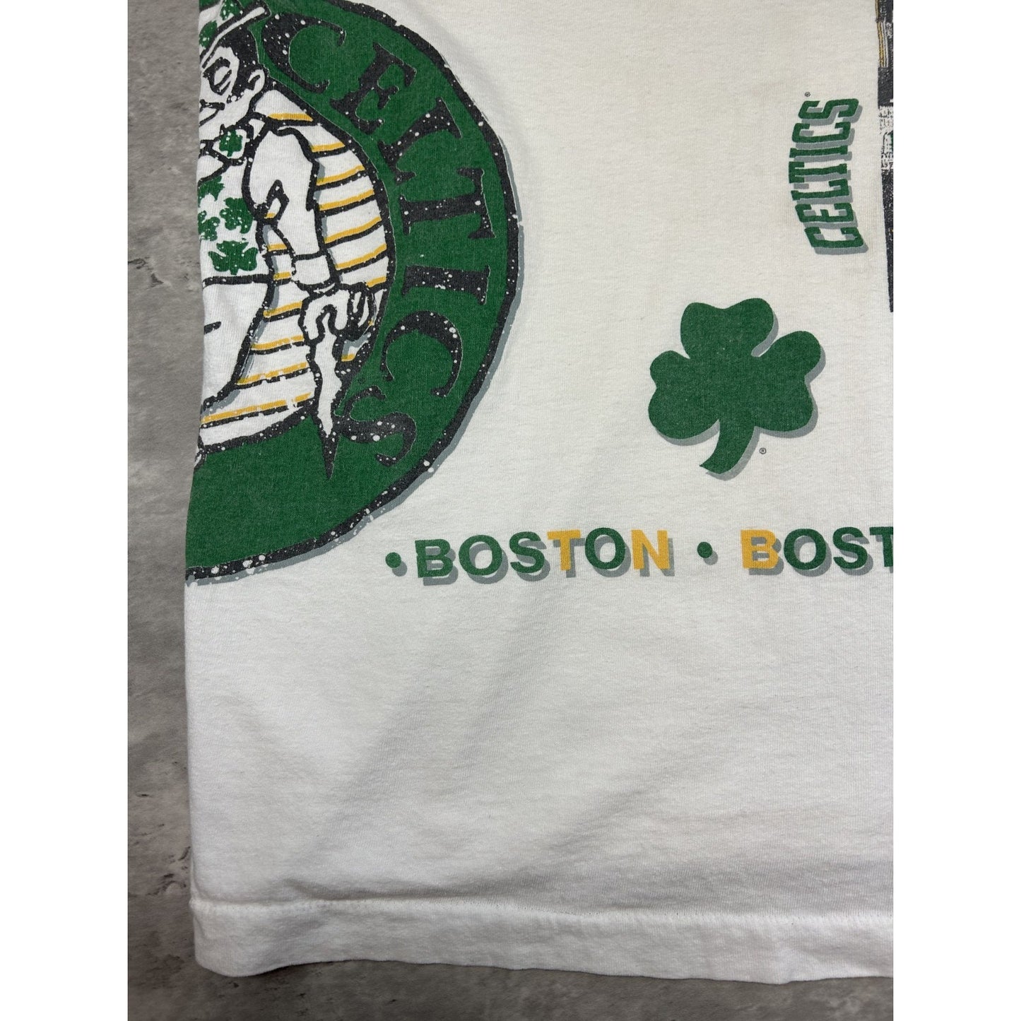 Vintage 90s Boston Celtics NBA All Over Print Basketball T-Shirt Size 2XL