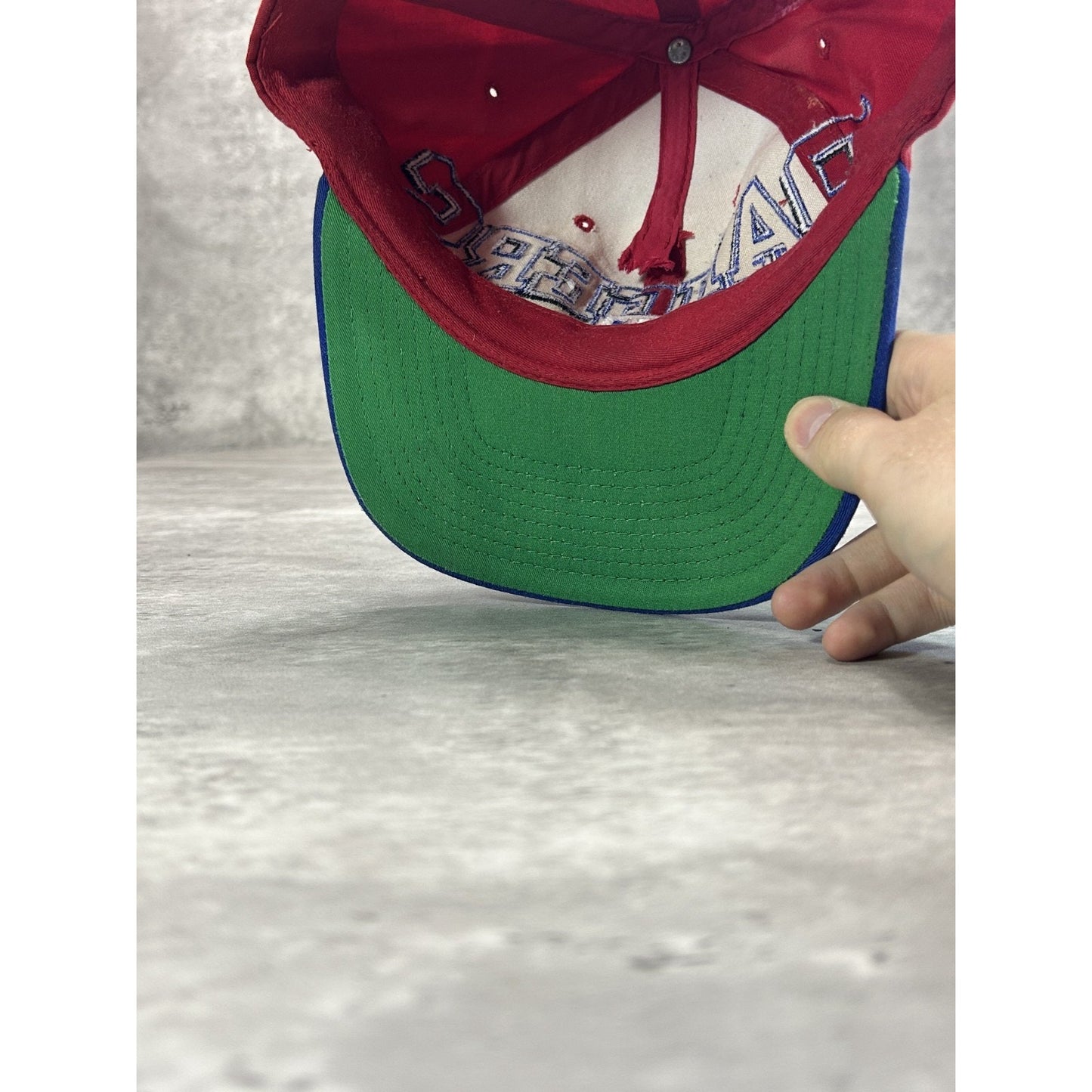 Vintage 90s Texas Rangers MLB Embroidered Arc Spellout Snapback Hat OSFA