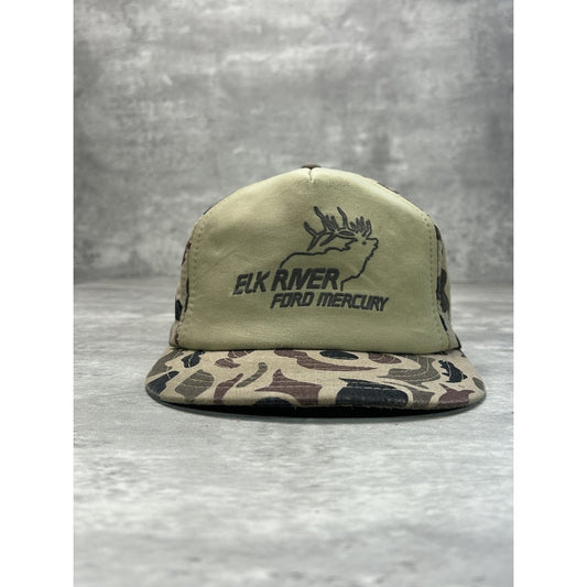 Vintage 80s Elk River Ford Mercury Tree Camo Hunting Trucker Snapback Hat OSFA