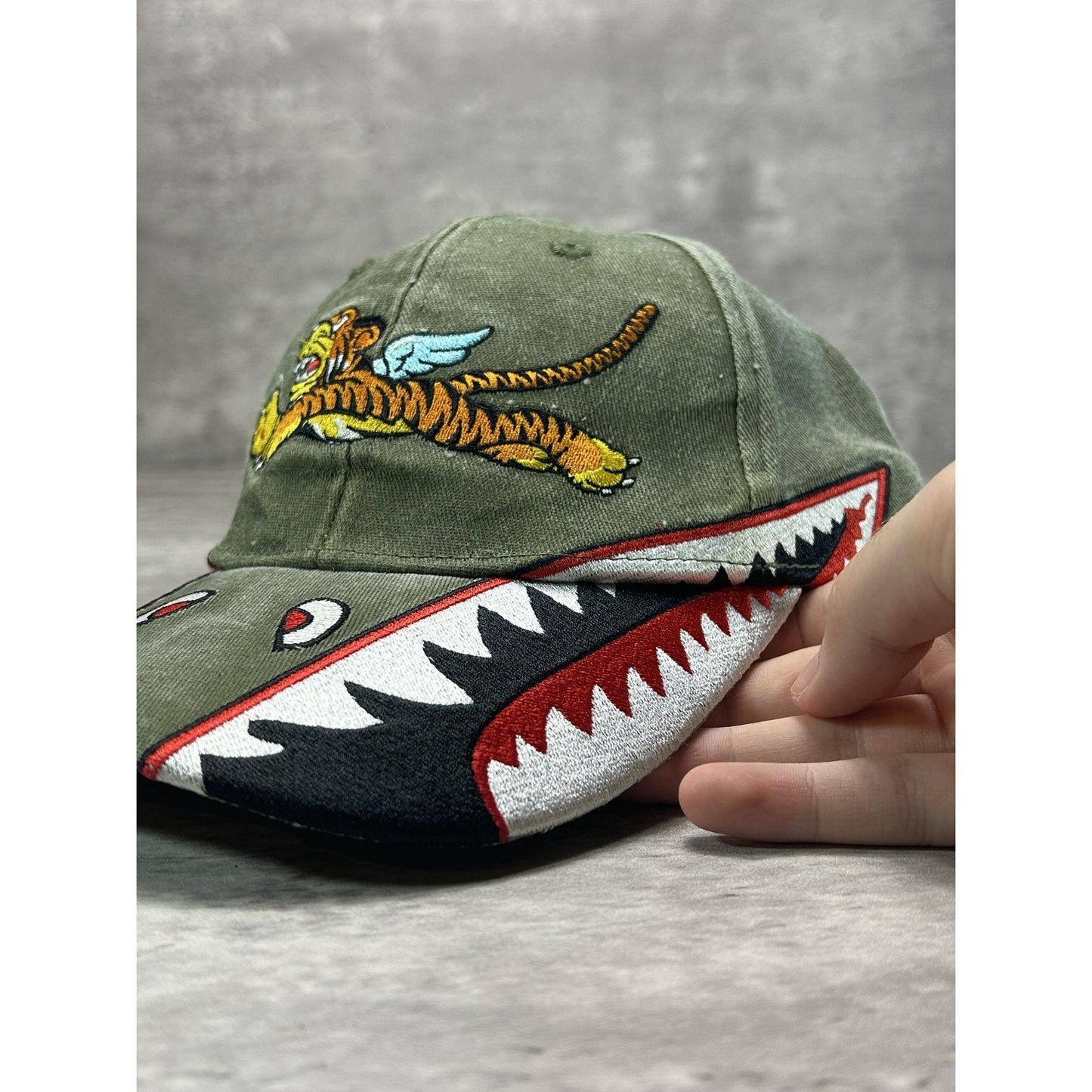 Vintage Flying Tigers Military Embroidered Logo Strapback Hat OSFA green