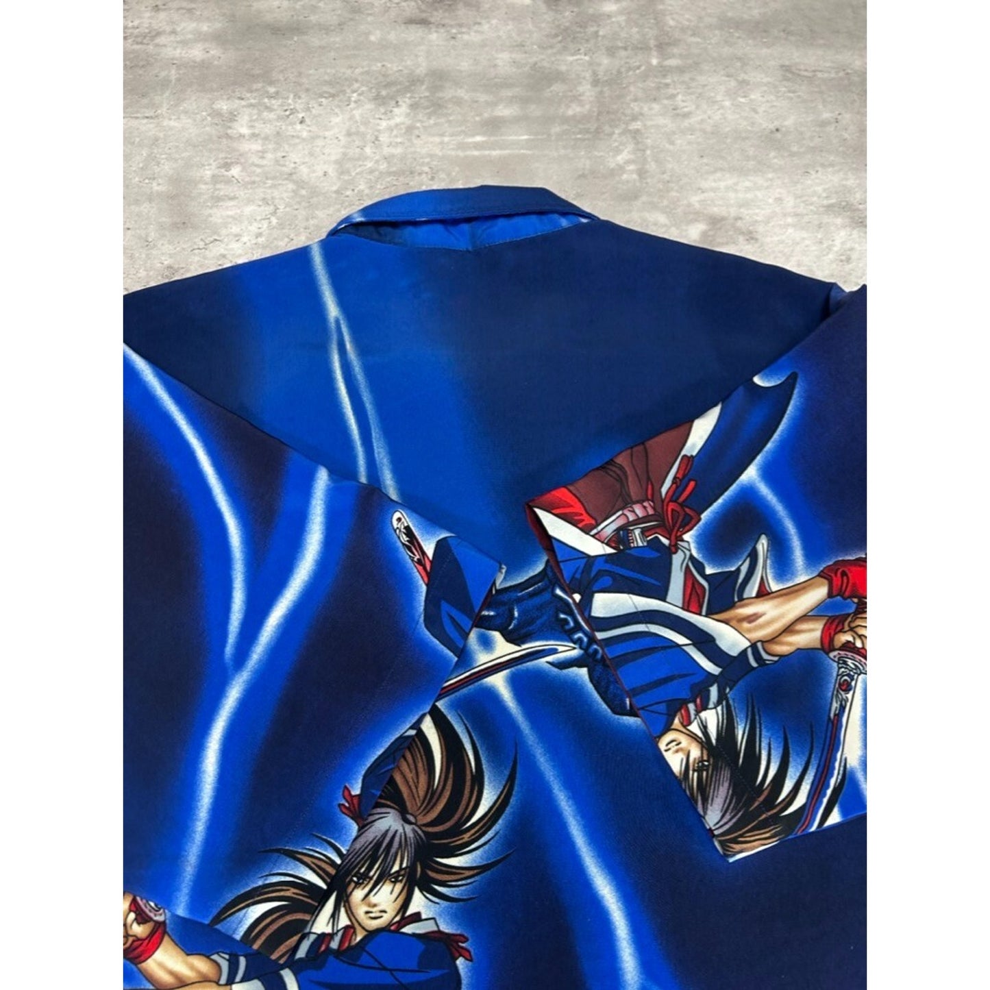 Vintage Y2K Anime Samurai All Over Print Short Sleeve Button Up Shirt Size Large