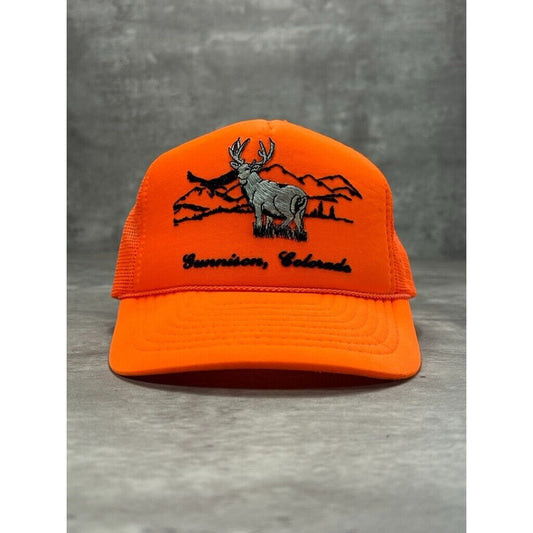 Vintage 80s/90s Gunnison Colorado Deer Graphic Trucker Snapback Hat OSFA Orange