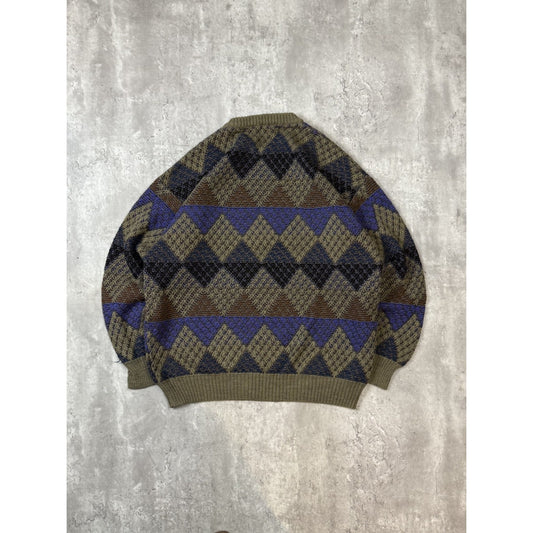 Vintage 90s Progetto Diamond Print Pullover Ribbed Knit Sweater Size Large