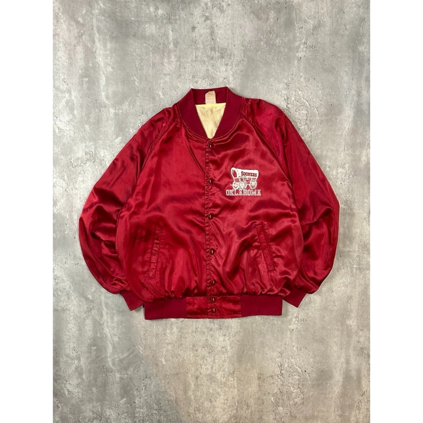 Vintage 80s Oklahoma Sooners NCAA Collegiate Satin Bomber Jacket Size XL