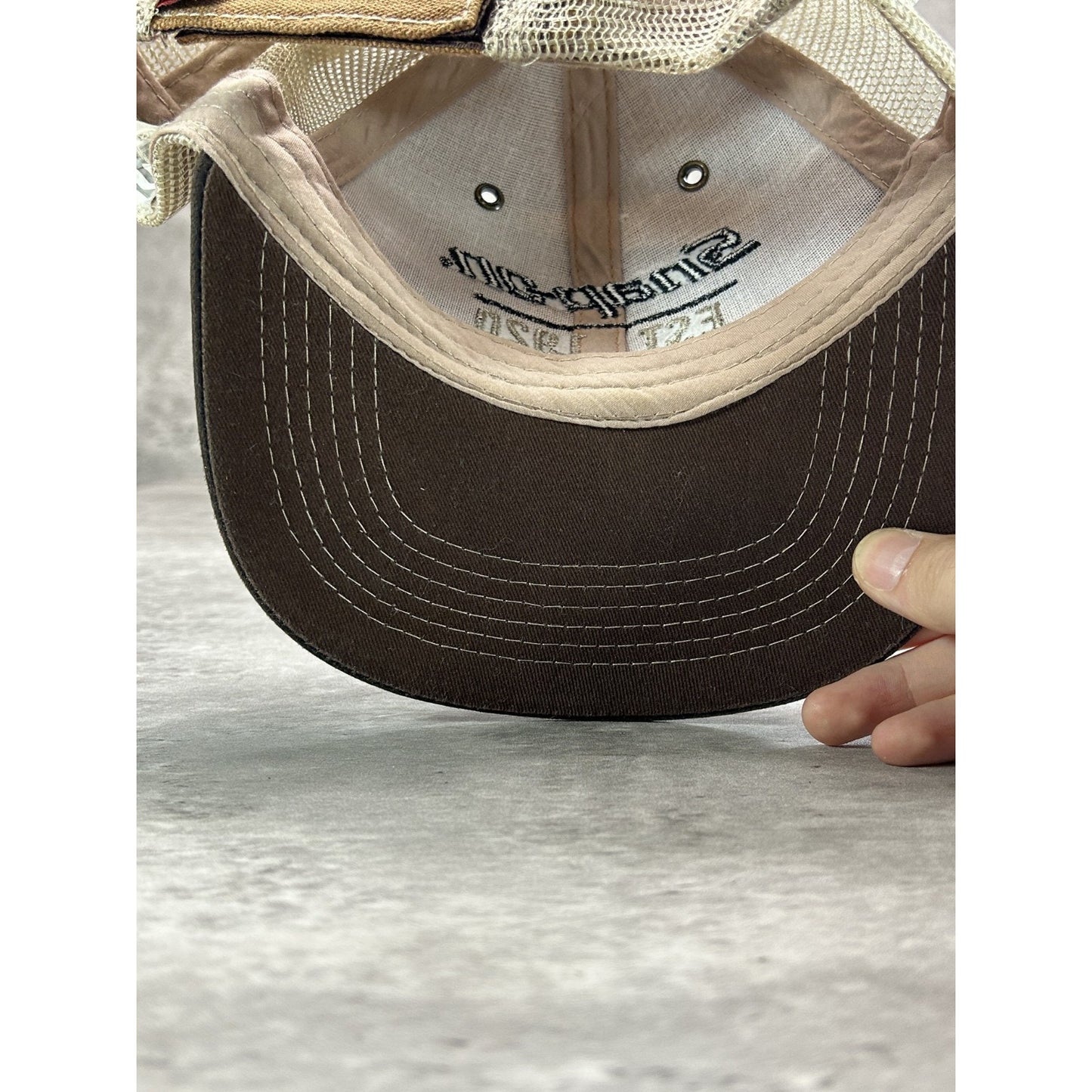 Vintage Snap On Embroidered Spellout Trucker Strapback Hat OSFA Brown/Beige