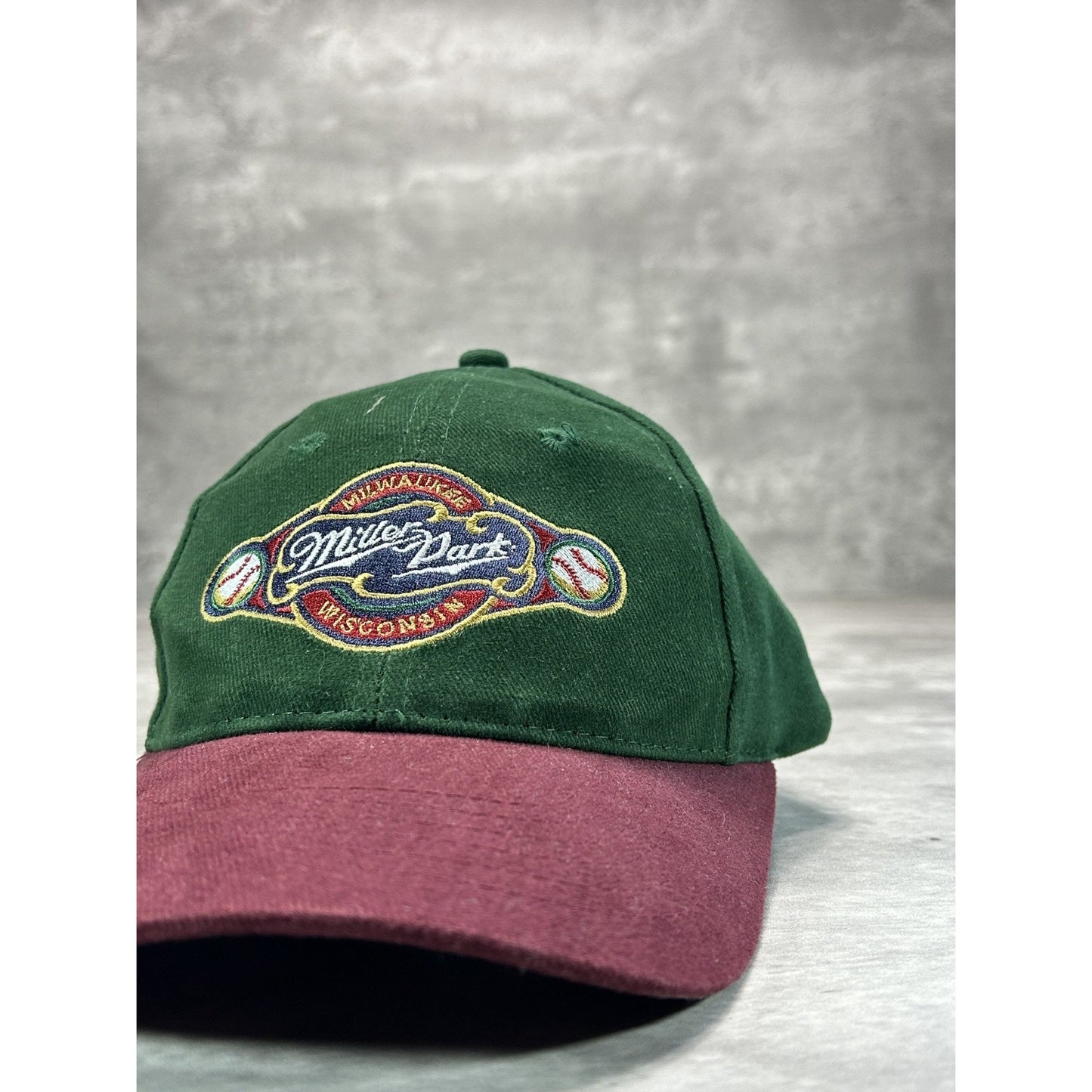 Vintage 90s MIller Park Embroidered Logo Baseball Strapback Hat OSFA Green