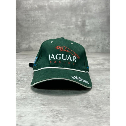 Vintage Jaguar Racing Embroidered Logo Spellout Strapback Hat OSFA Green
