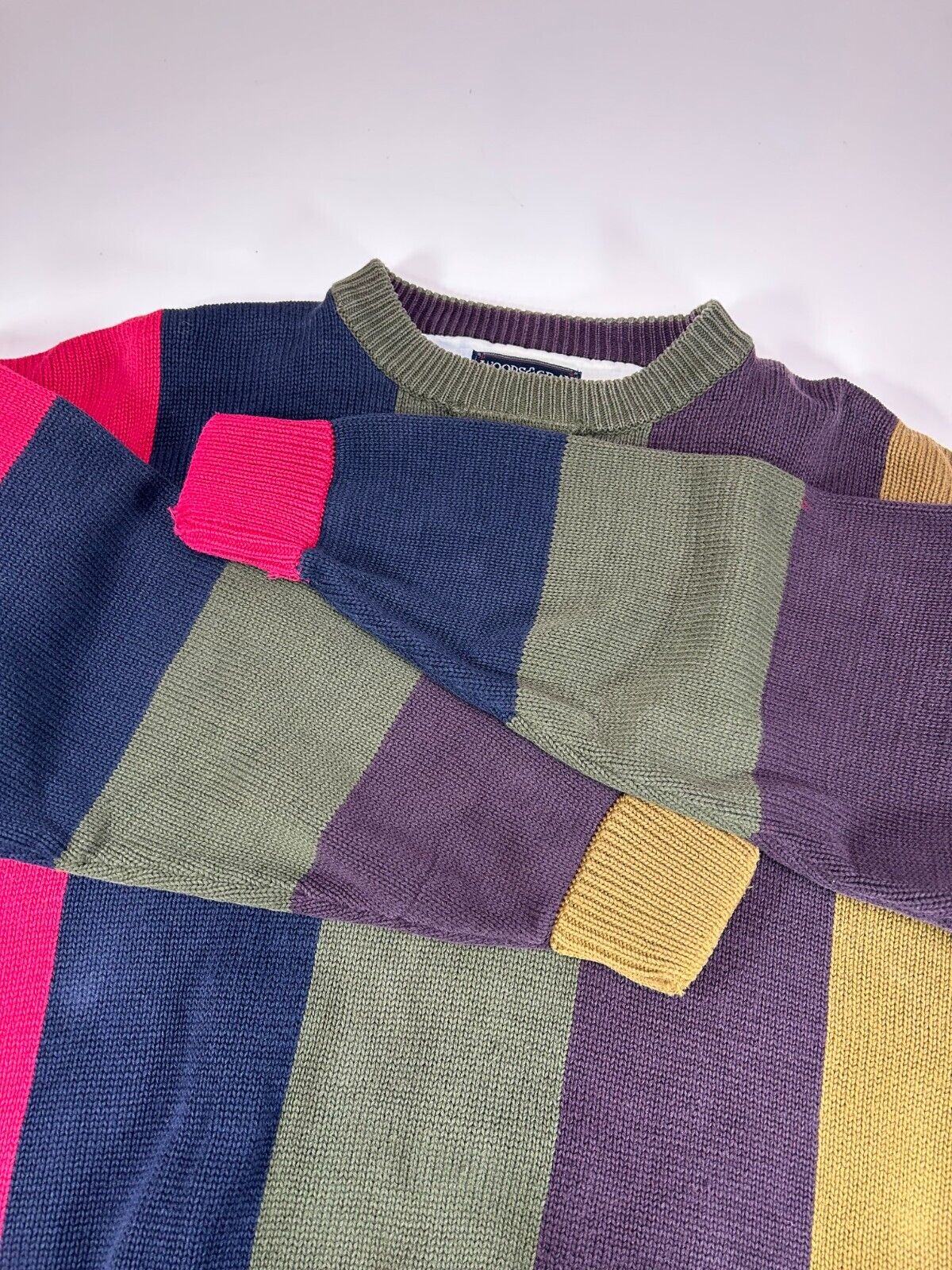 Vintage Woods & Gray Color Block Striped Embroidered Crest Knit Sweater Size Large