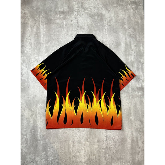 Vintage Y2K Silver Point Flame Print Short Sleeve Button Up Shirt Size XL