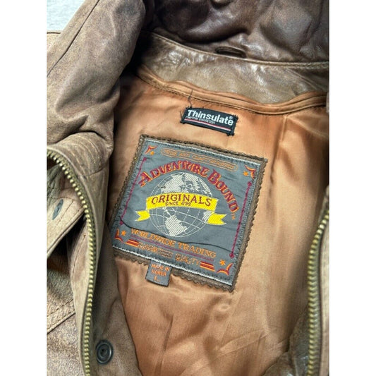 Vintage Adventure Bound Thinsulate Multi Pocket Leather Bomber Jacket Size Large Brown