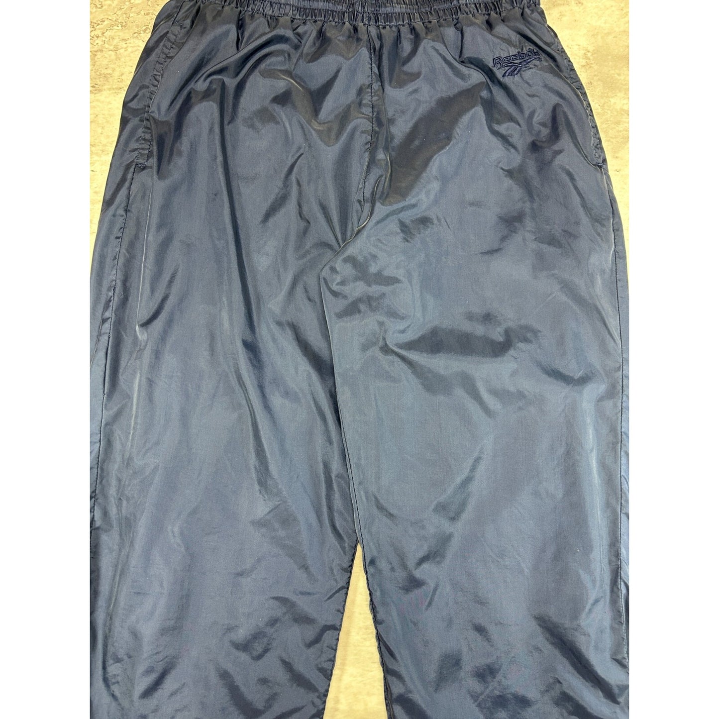 Vintage 90s Reebok Tonal Embroidered Logo Nylon Track Pants Size Medium Blue