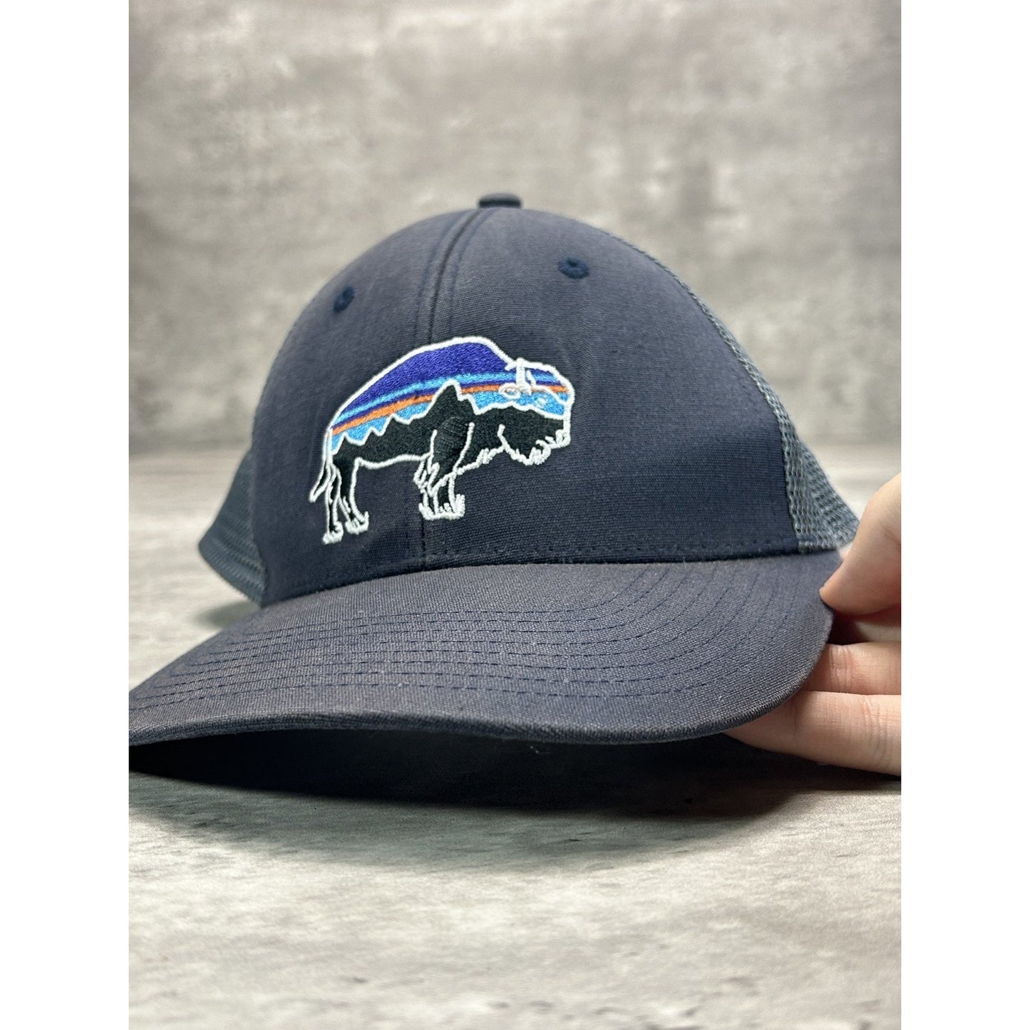 Patagonia Embroidered Bison Logo Trucker Snapback Hat OSFA Gray