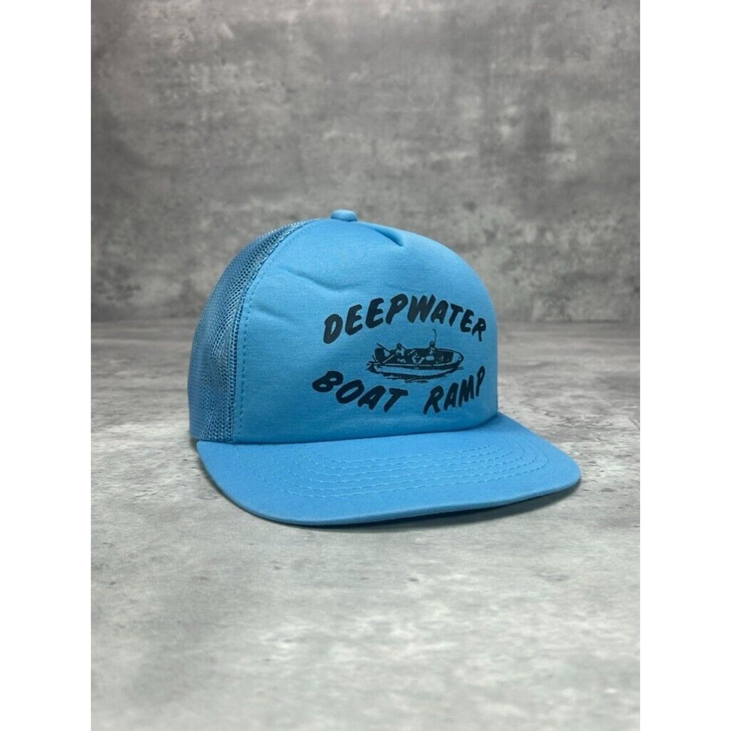 Vintage Deepwater Boat Ramp Boating Graphic Trucker Snapback Hat OSFA Blue