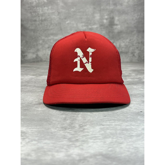 Vintage 80s Old English N Graphic Trucker Snapback Hat OSFA Red