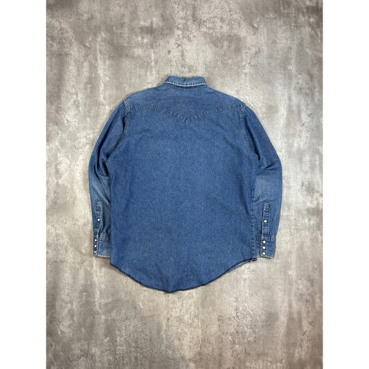 Vintage 1980s Wrangler Pearl Snap Medium Wash Denim Button Up Shirt Size XL