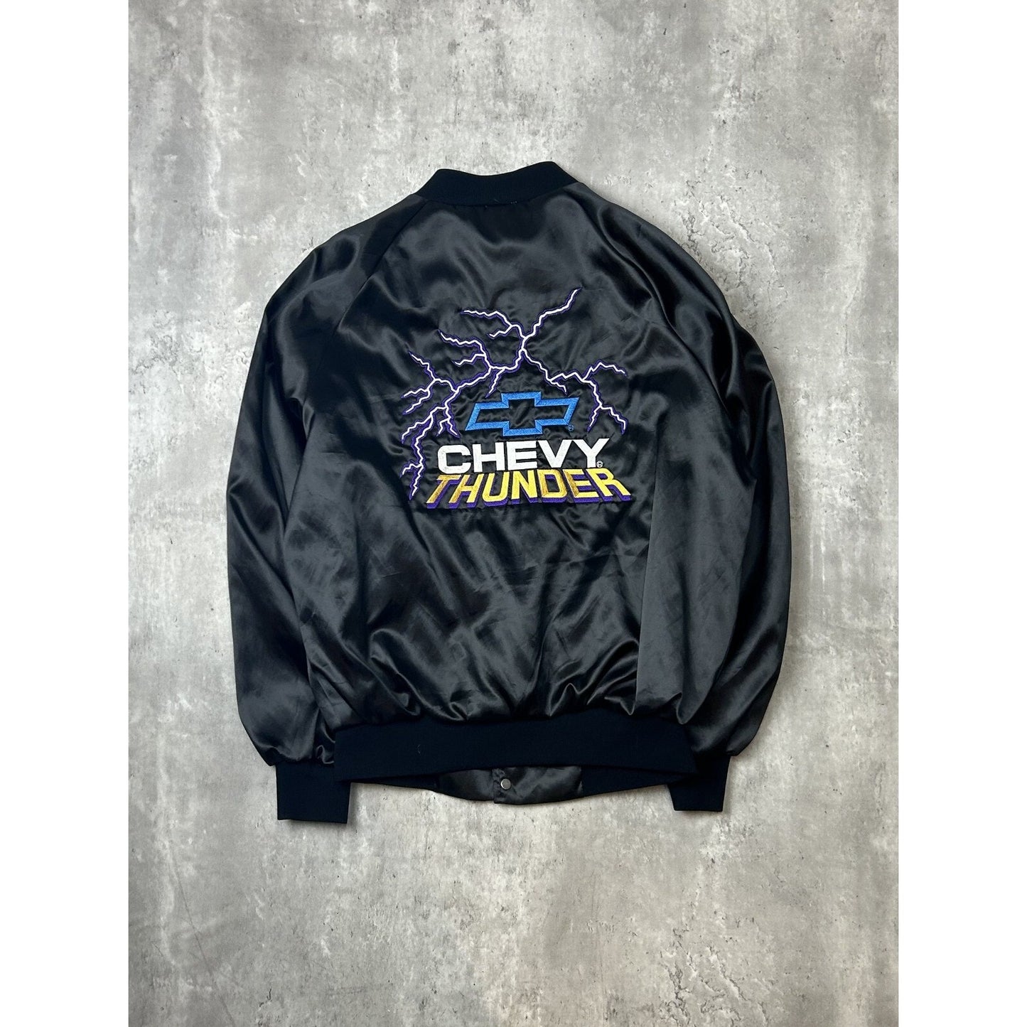 Vintage 80s Chevy Thunder Embroidered Lightning Satin Bomber Jacket Size Medium