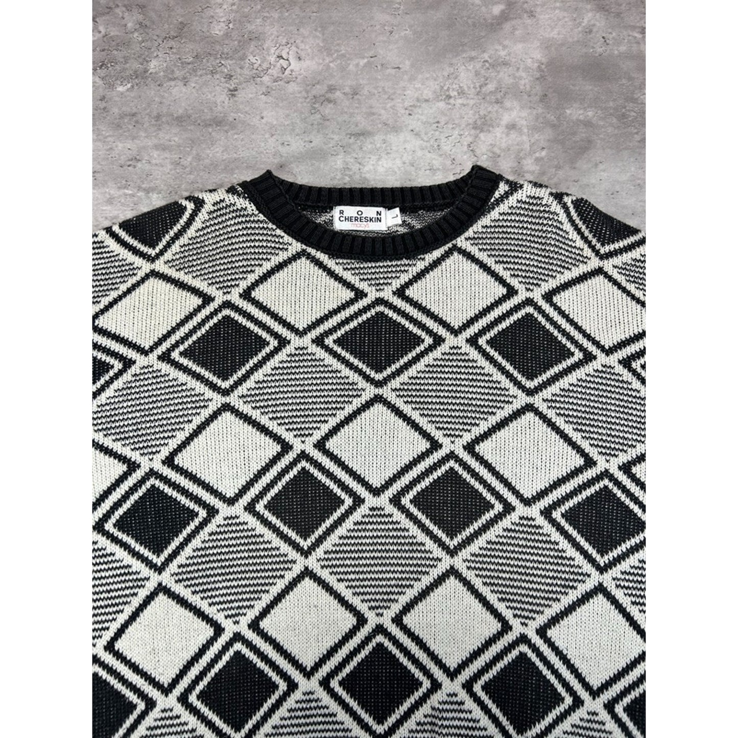 Vintage 90s Ron Chereskin Diamond Print Pullover Knit Sweater Size Large Gray