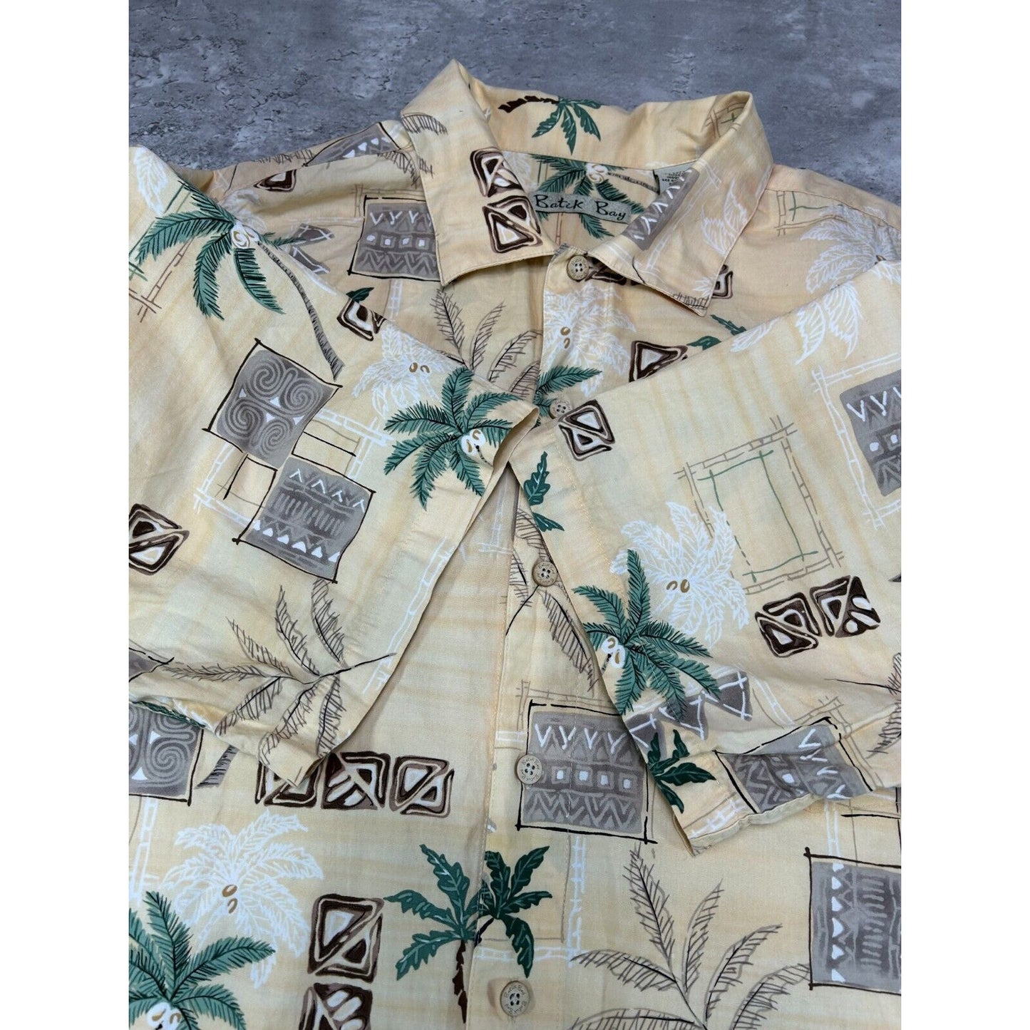 Vintage Palm Tree Pattern Print Short Sleeve Button Up Shirt Size XL Yellow