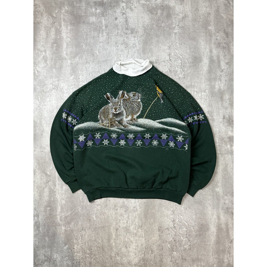 VTG 1994 Bunny Winter Wildlife Nature All Over Print Turtle Neck Sweatshirt XL