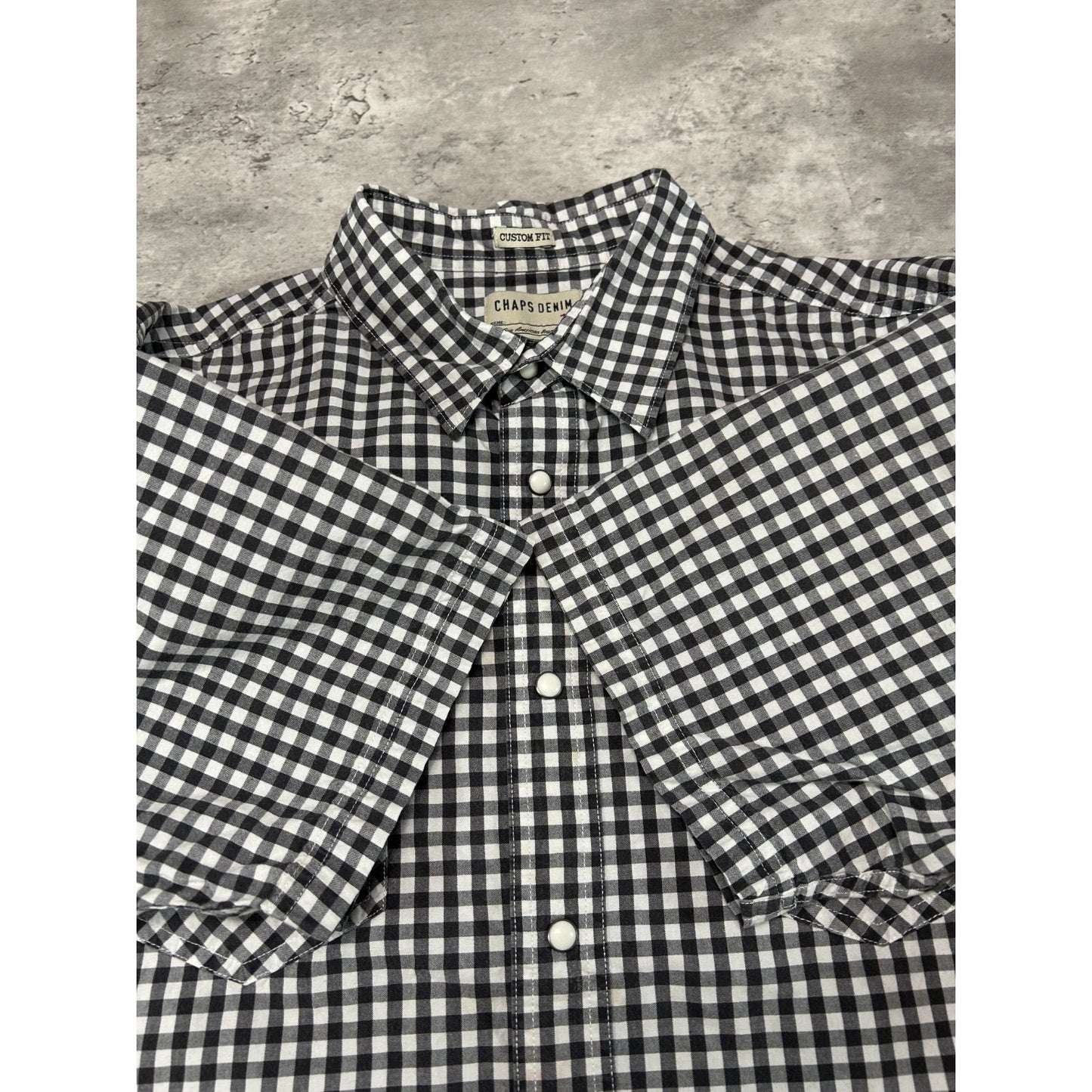 Vintage Chaps Denim Plaid Pearl Snap Short Sleeve Cropped Button Up Shirt Large
