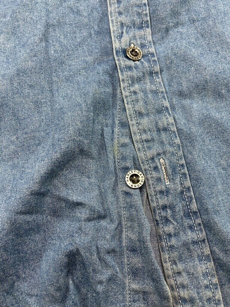 Harley Davidson Embroidered Denim Long Sleeve Button Up Shirt Size XLT Blue