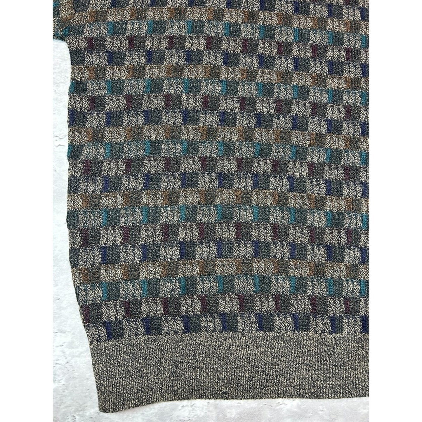 Vintage 90s Geoffrey Beene Checkered Print Earth Tone Knit Sweater Size Large