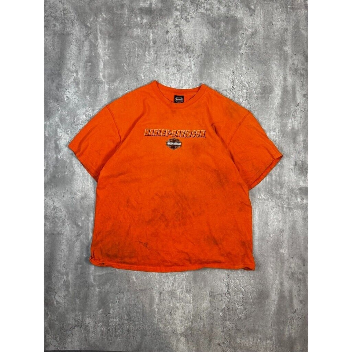 Vintage Harley Davidson Embroidered Spell Out Distressed T-Shirt Size XXL Orange