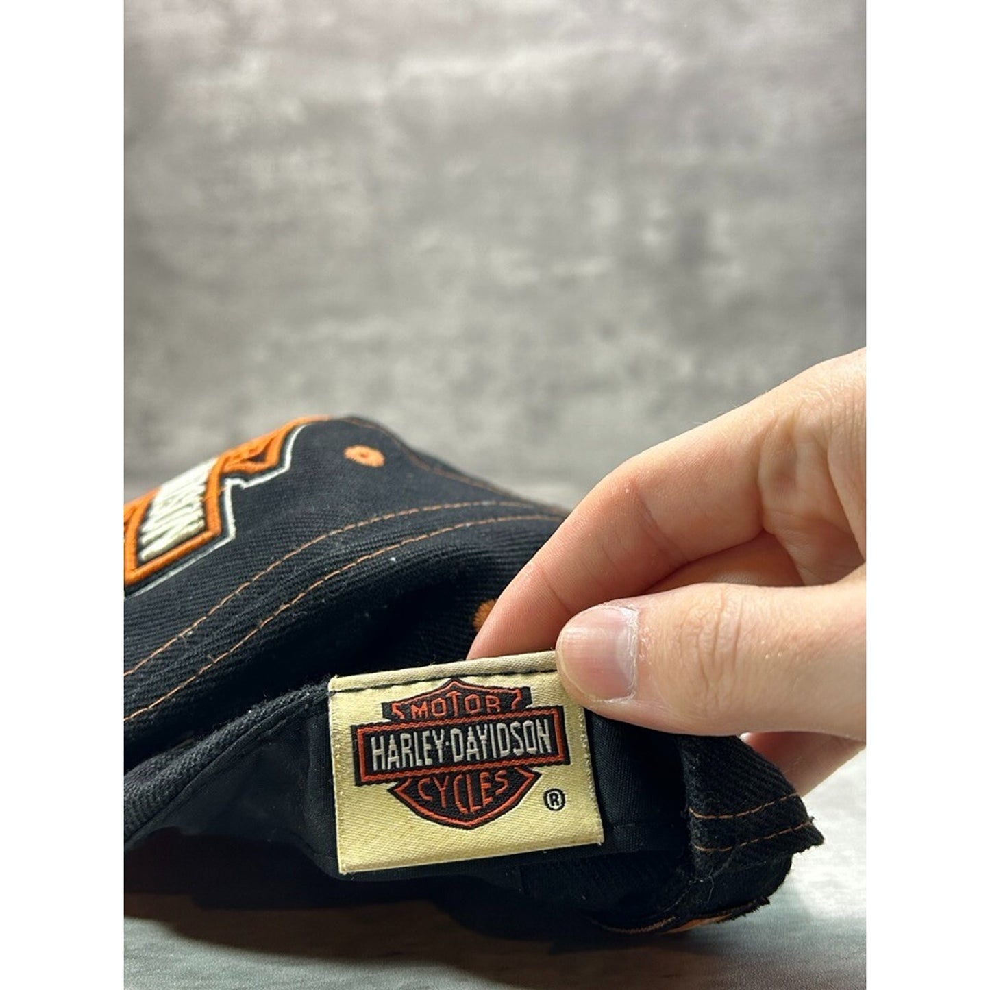 Vintage Harley Davidson Embroidered Logo Flame Brim Strapback Hat OSFA Black