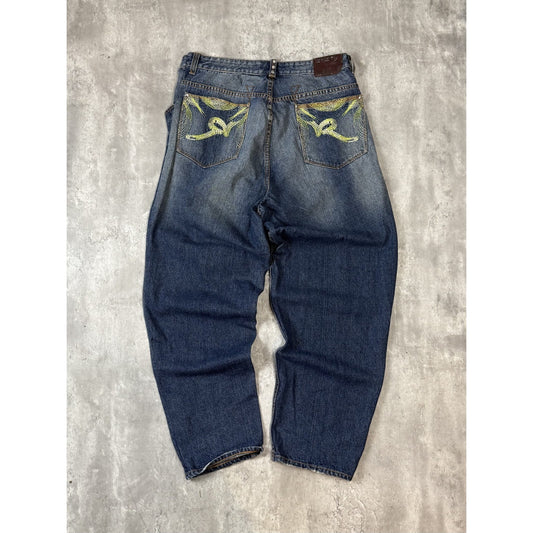 Vintage Y2K Rocawear Baggy Fit Embroidered Pocket Dark Wash Denim Pants Size 38