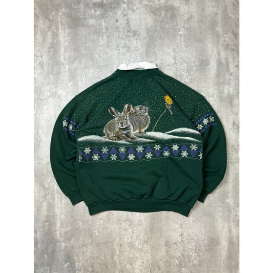 VTG 1994 Bunny Winter Wildlife Nature All Over Print Turtle Neck Sweatshirt XL