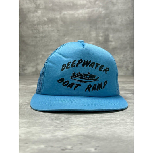 Vintage Deepwater Boat Ramp Boating Graphic Trucker Snapback Hat OSFA Blue