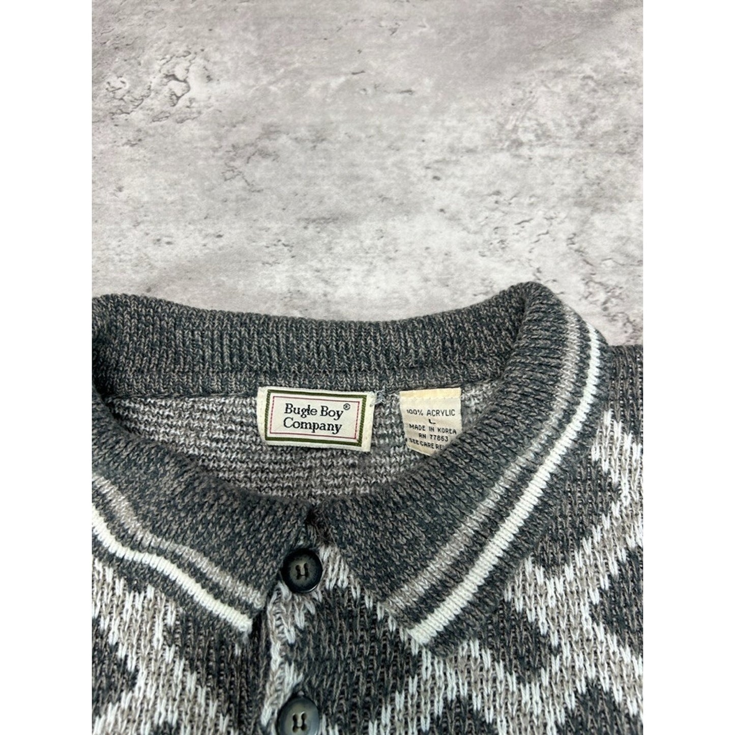 Vintage 90s Bugle Boys Abstract Print 1/4 Button Knit Sweater Size Large Gray