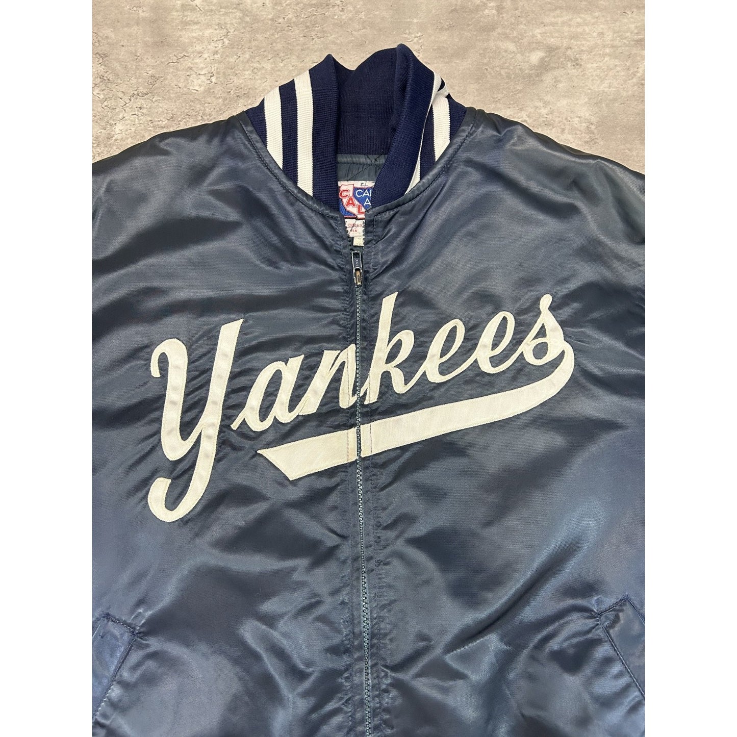 Vintage 90s New York Yankees MLB Embroidered Spellout Satin Bomber Jacket Sz XXL