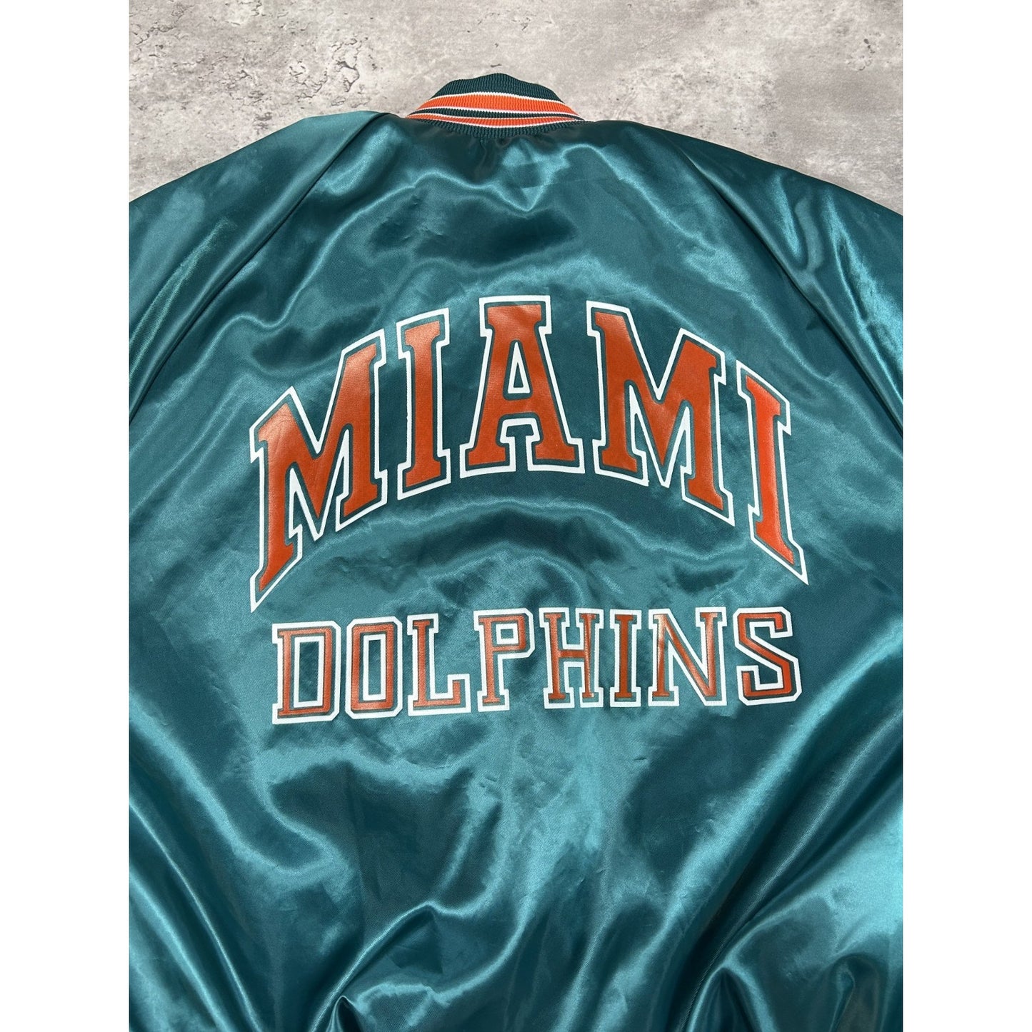 Vintage 80s Miami Dolphins NFL Satin Chalk Line Bomber Jacket Size XL