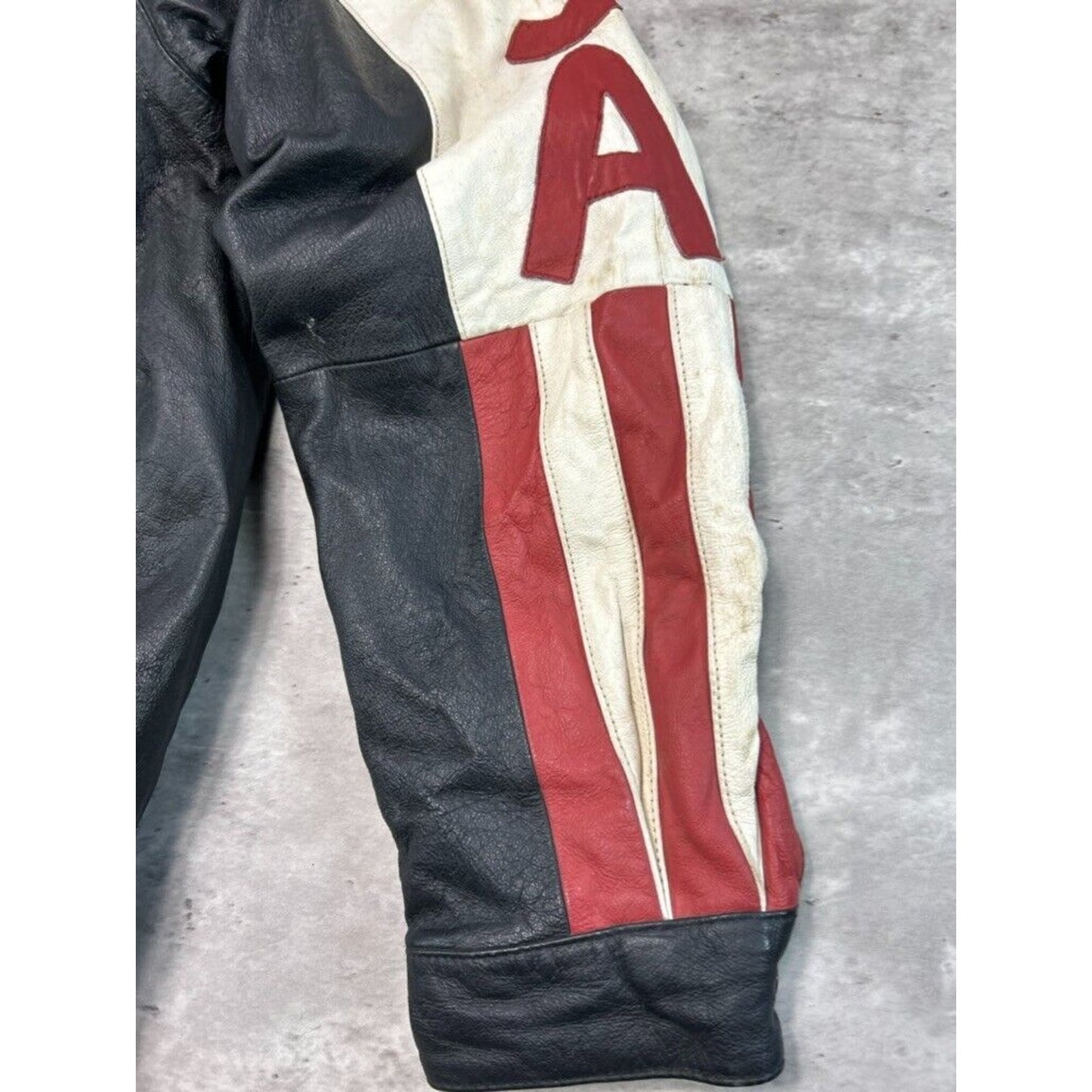 Vintage USA Embroidered Flag Spell Out Leather Bomber Jacket Size Large Black