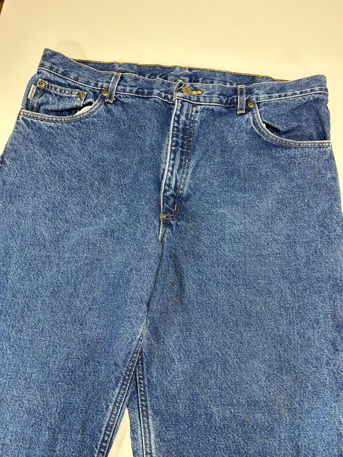 Vintage 90s Carhartt Plaid Lined Dark Wash Denim Workwear Pants Size 38W