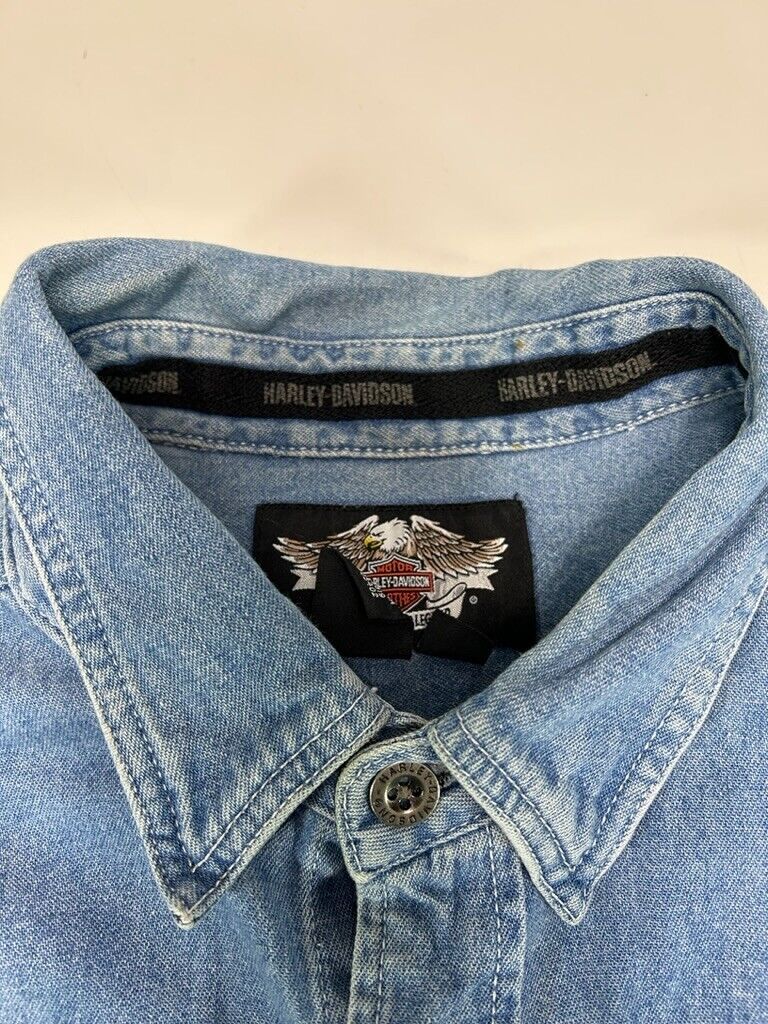 Harley Davidson Embroidered Denim Long Sleeve Button Up Shirt Size XLT Blue
