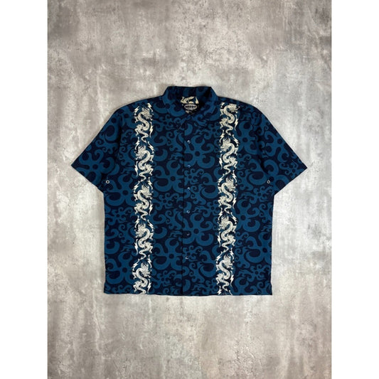 Vintage Y2K Tribal All Over Print Short Sleeve Button Up Shirt Size XL Blue