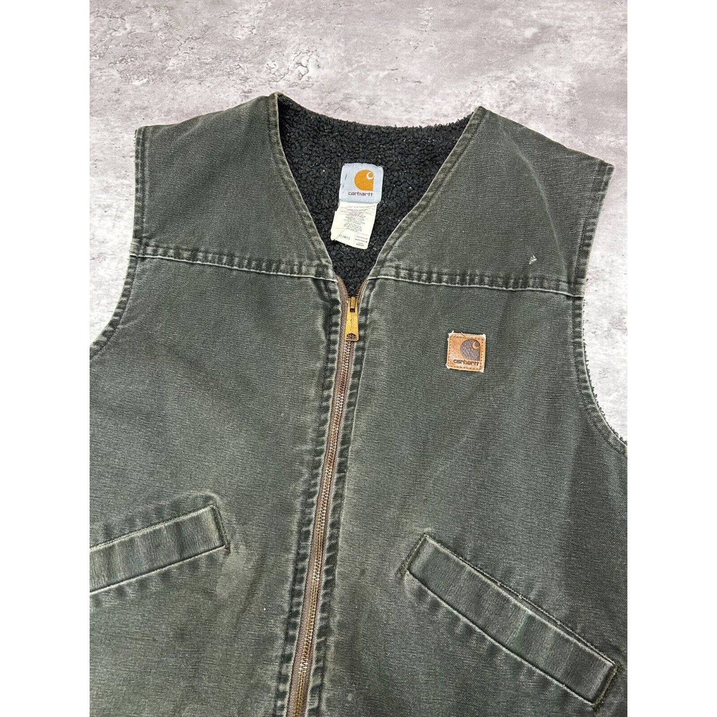 Vintage 90s Carhartt Fleece Lined Canvas Workwear Vest Jacket Size Large Green