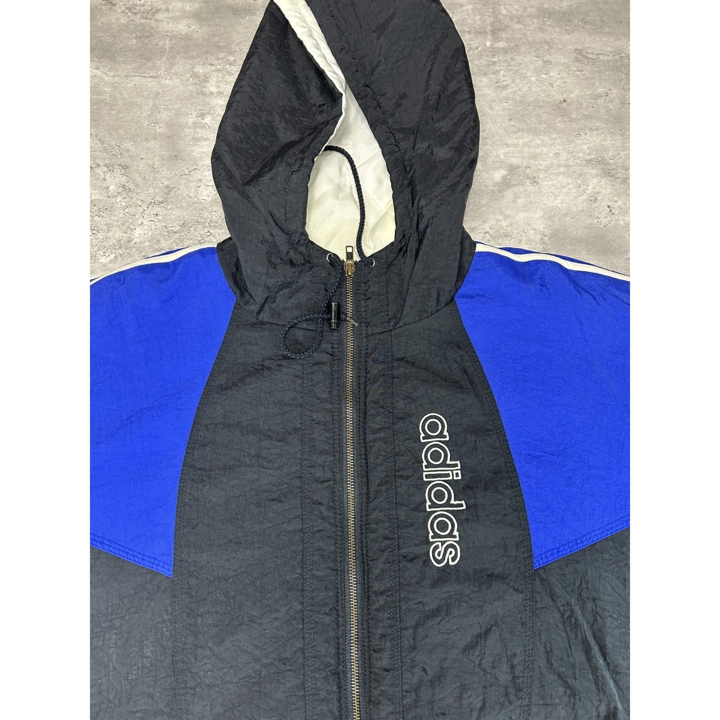 Vintage 90s Adidas Embroidered Spellout Insulated Nylon Hooded Jacket Size Large