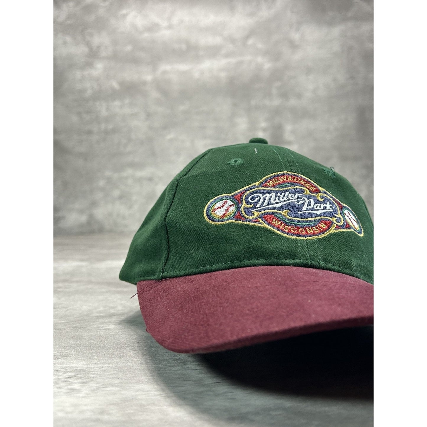 Vintage 90s MIller Park Embroidered Logo Baseball Strapback Hat OSFA Green