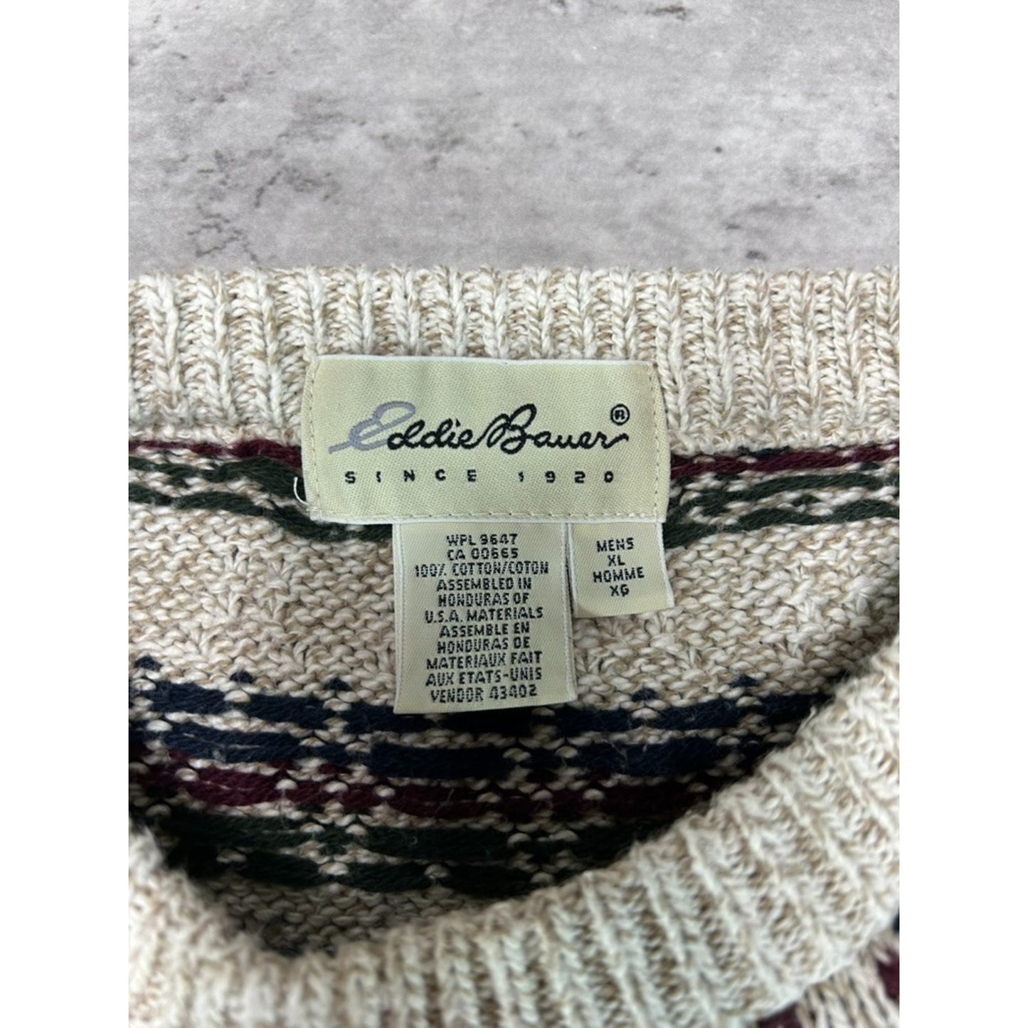 Vintage Eddie Bauer Diamond Striped Print Pullover Knit Sweater Size XL