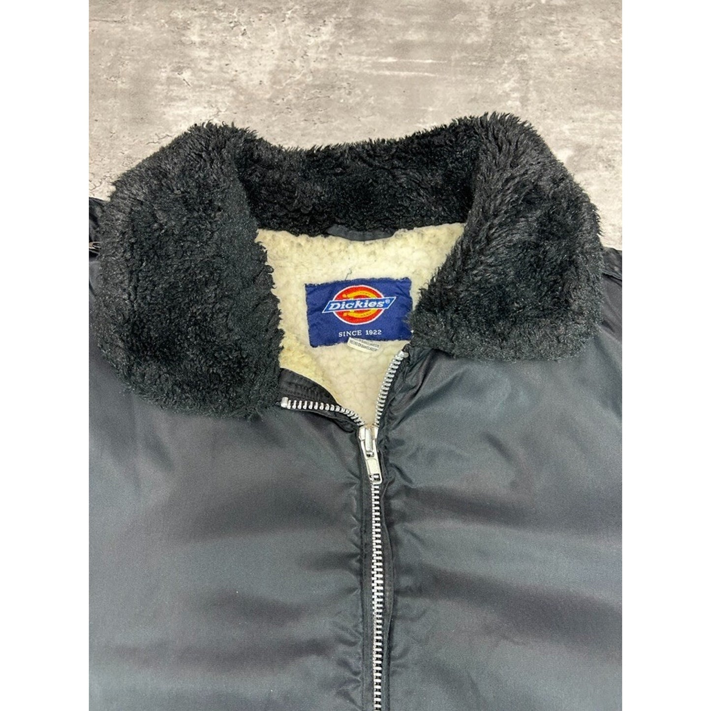 Vintage 80s Dickies Sherpa Collar Full Zip Pilots Bomber Jacket Size XL Black