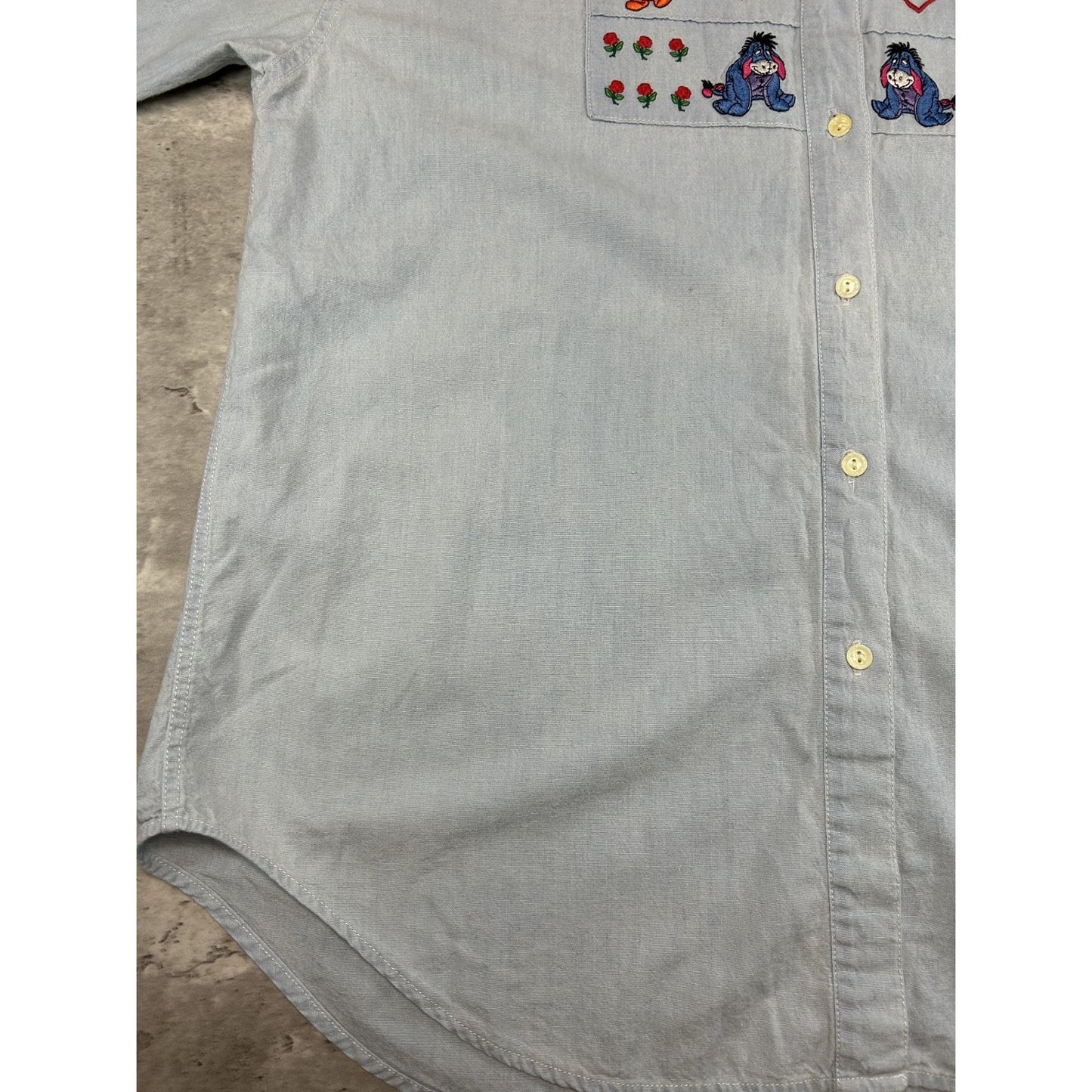 Vintage 90s Winnie The Pooh Embroidered Cartoon Denim Button Up Shirt Size Large