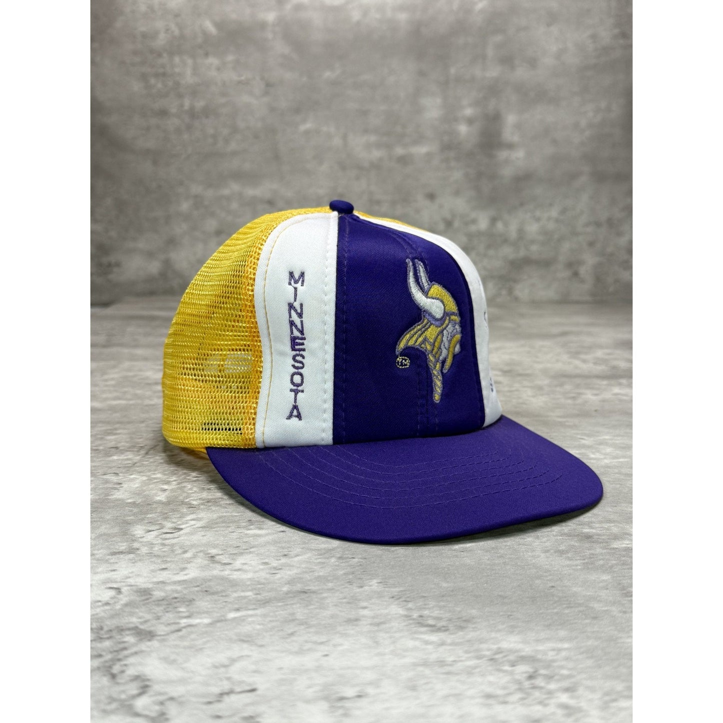 Vintage 90s Minnesota Vikings NFL Lucky Stripe Trucker Snapback Trucker Hat OSFA