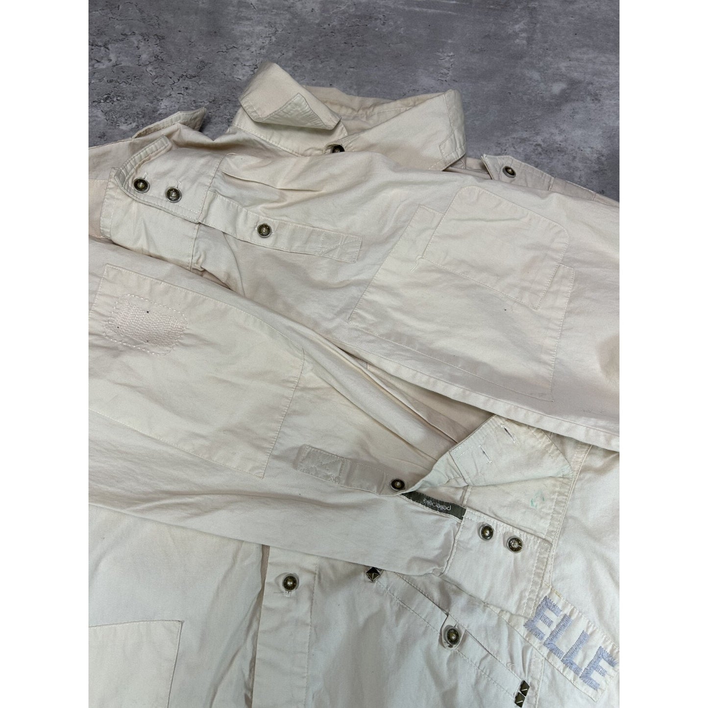Vintage Y2K Pelle Pelle Spellout Long Sleeve Button Up Shirt Size XL Beige