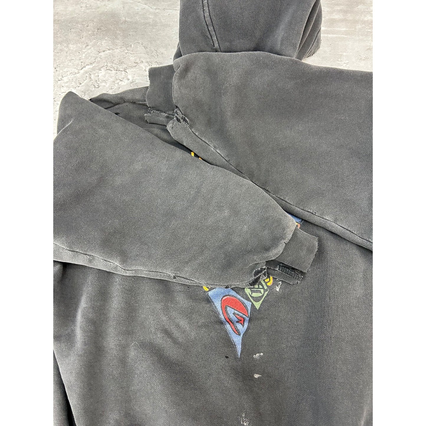 Vintage 90s Quiksilver Distressed Graphic Hooded Sweatshirt Size Small