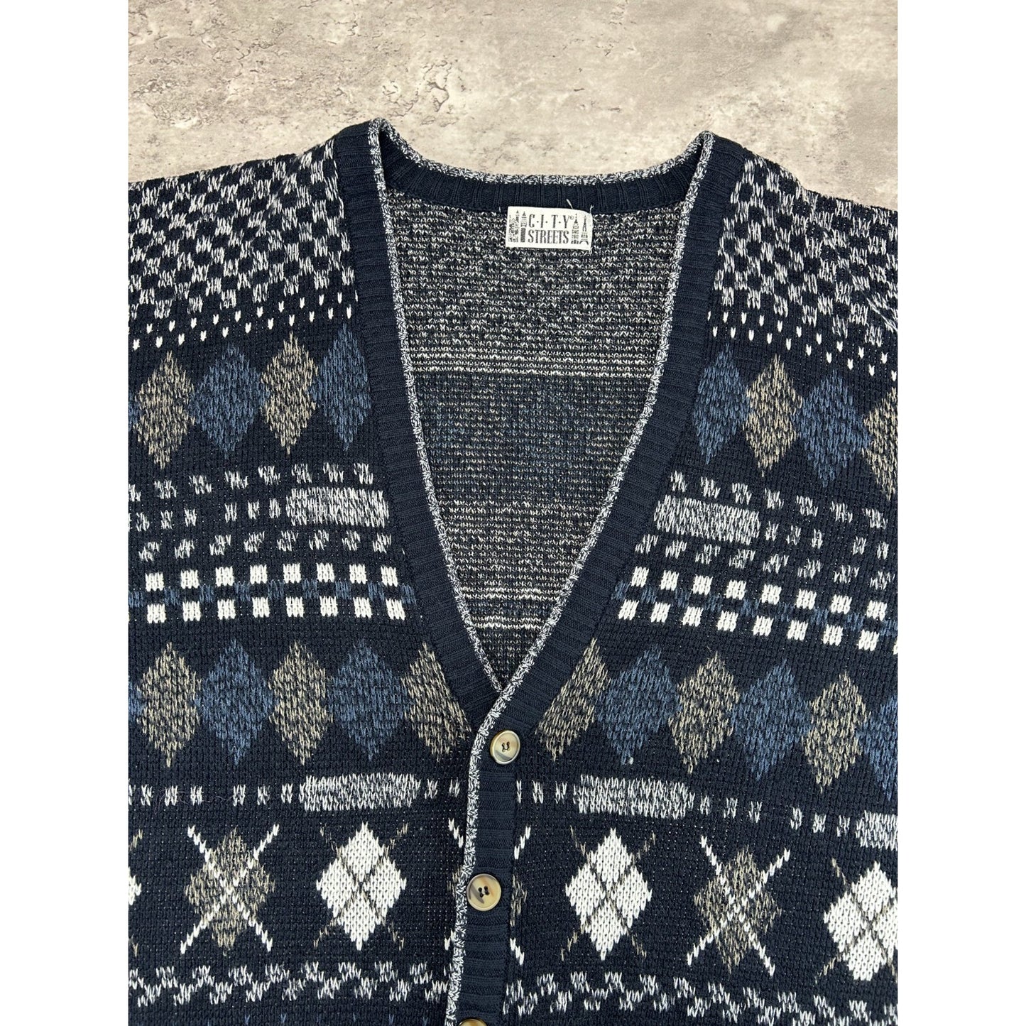 Vintage City Streets Abstract Print Cardigan Knit Sweater Size XL