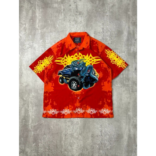 Vintage Y2K Urban Rags Tribal Truck Graphic All Over Print Button Up Shirt Sz XL