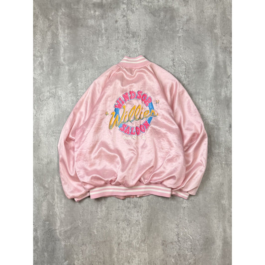 Vintage 1980s Willies Windsor Saloon Satin Bomber Jacket Size Large Pink
